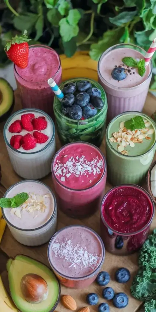 A row of fresh fruit and protein smoothies in glasses