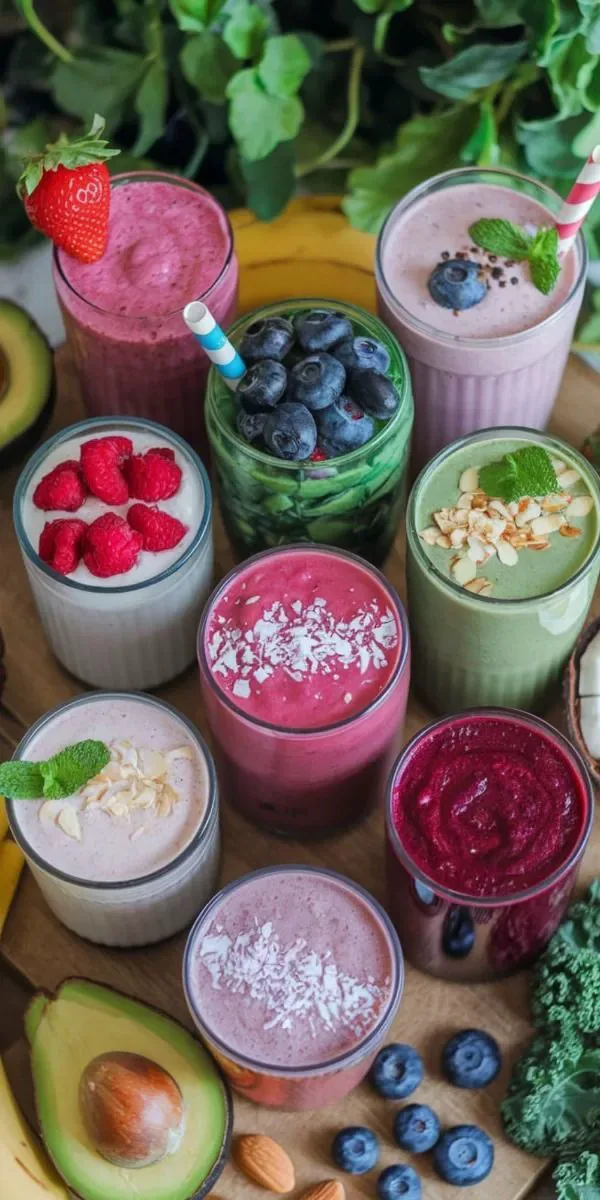 A row of fresh fruit and protein smoothies in glasses